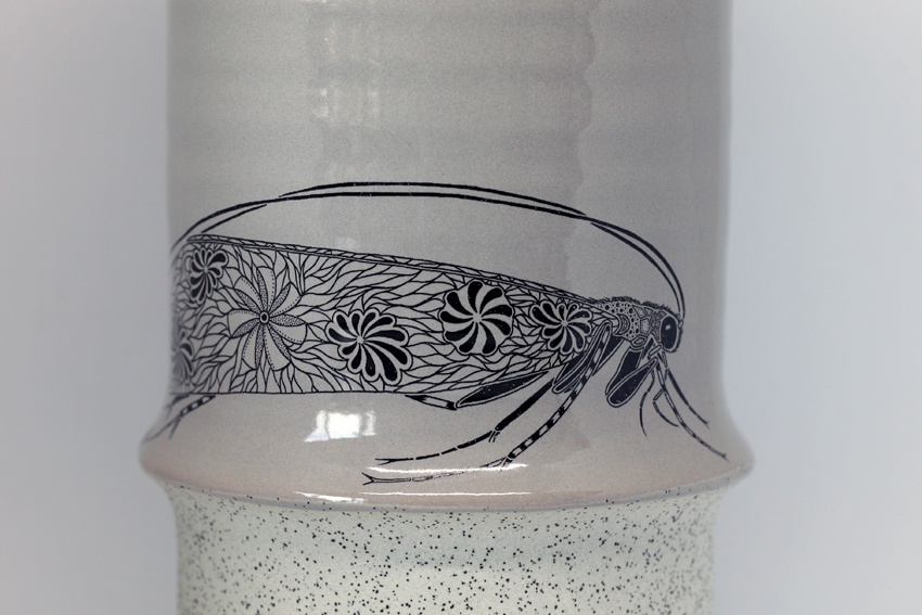 Grey vase with caddisfly (P017)