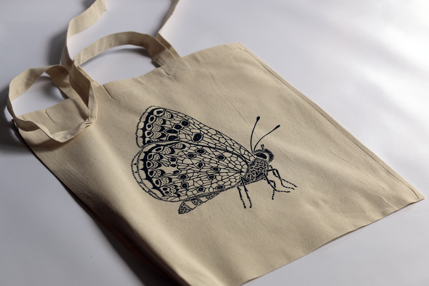 Natural tote bag with blue-grey Butterfly (TB010)