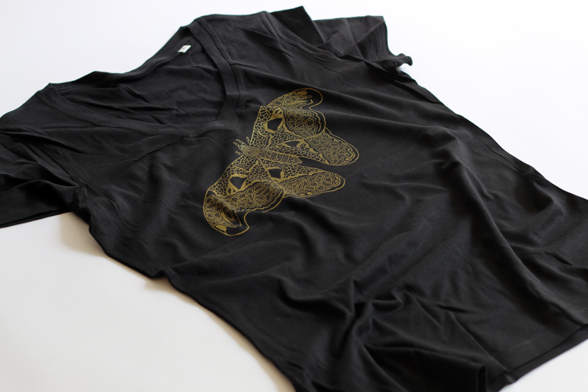 Women - Black (V-neck) with golden Atlas moth - M (TS065)